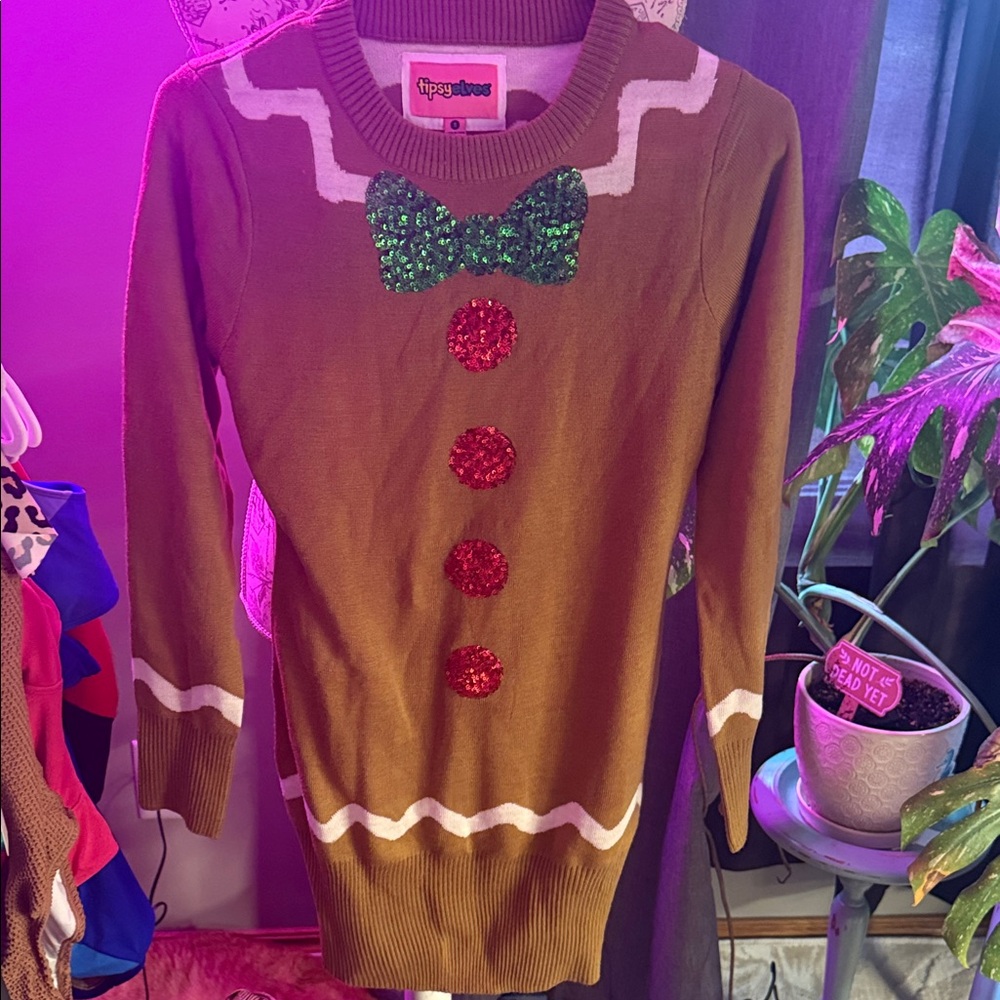 Tipsy Elves Brown Sweater dress with Green and Red Accents